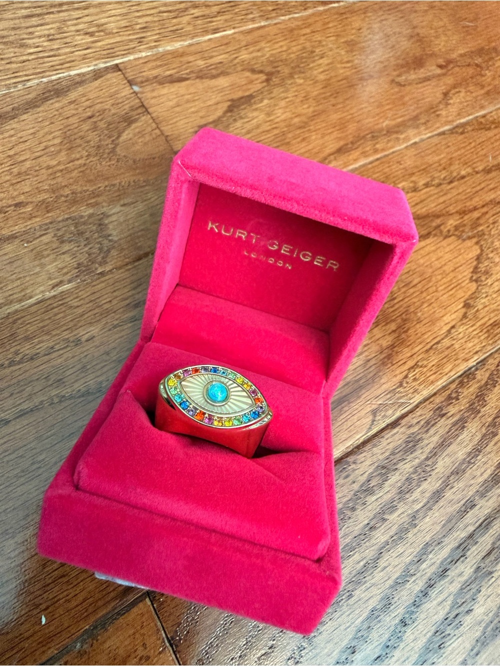 Kurt Geiger Gold-Tone Eye Ring with Turquoise Center and Rainbow Crystals